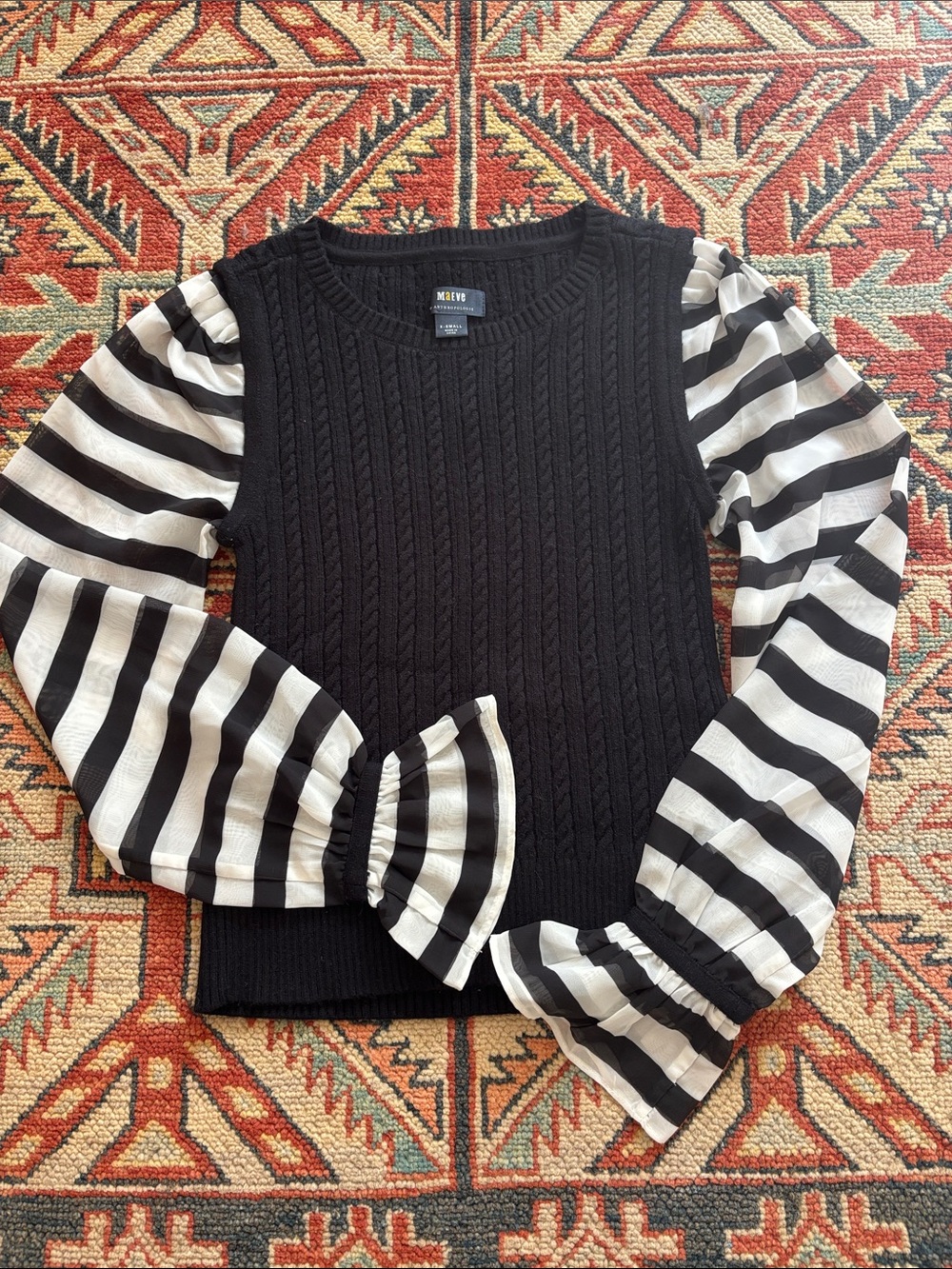 Maeve Anthropologie Cable Knit Striped Mixed Media Sweater Size XS